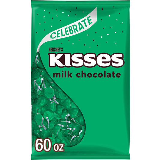 HERSHEY'S KISSES Milk Chocolate Candy Bulk Bag, Green Foils, 60 Oz