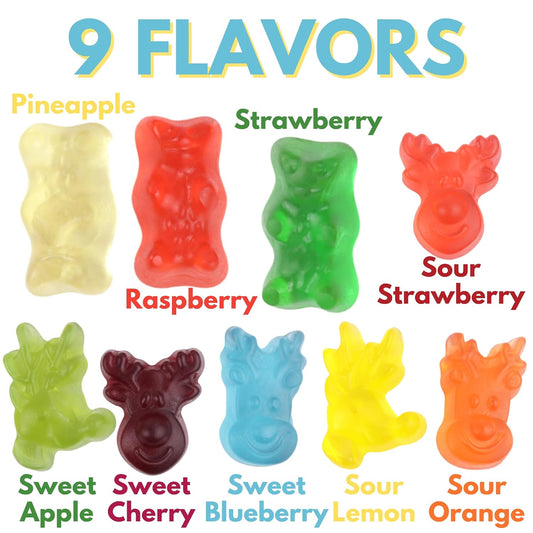 2 Christmas Gummy Bears, 2 Sweet and Sour Reindeer Gummies, Assorted Flavors, Sharable Bags, 4 Ounces (Pack of 4)