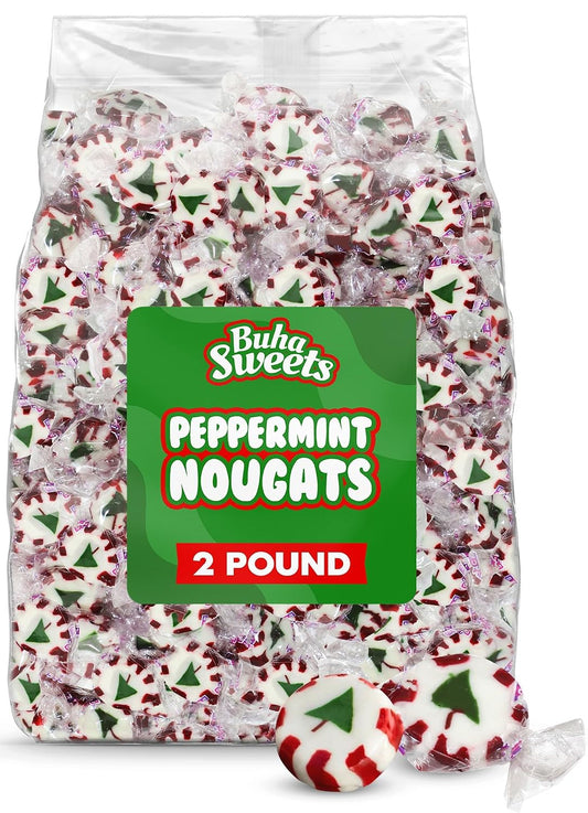 Bulk Christmas Peppermint Nougats 2 Lb Pack - Soft Chewy Mint Candy with Green Christmas Tree Center - (Approx 110 Pieces)