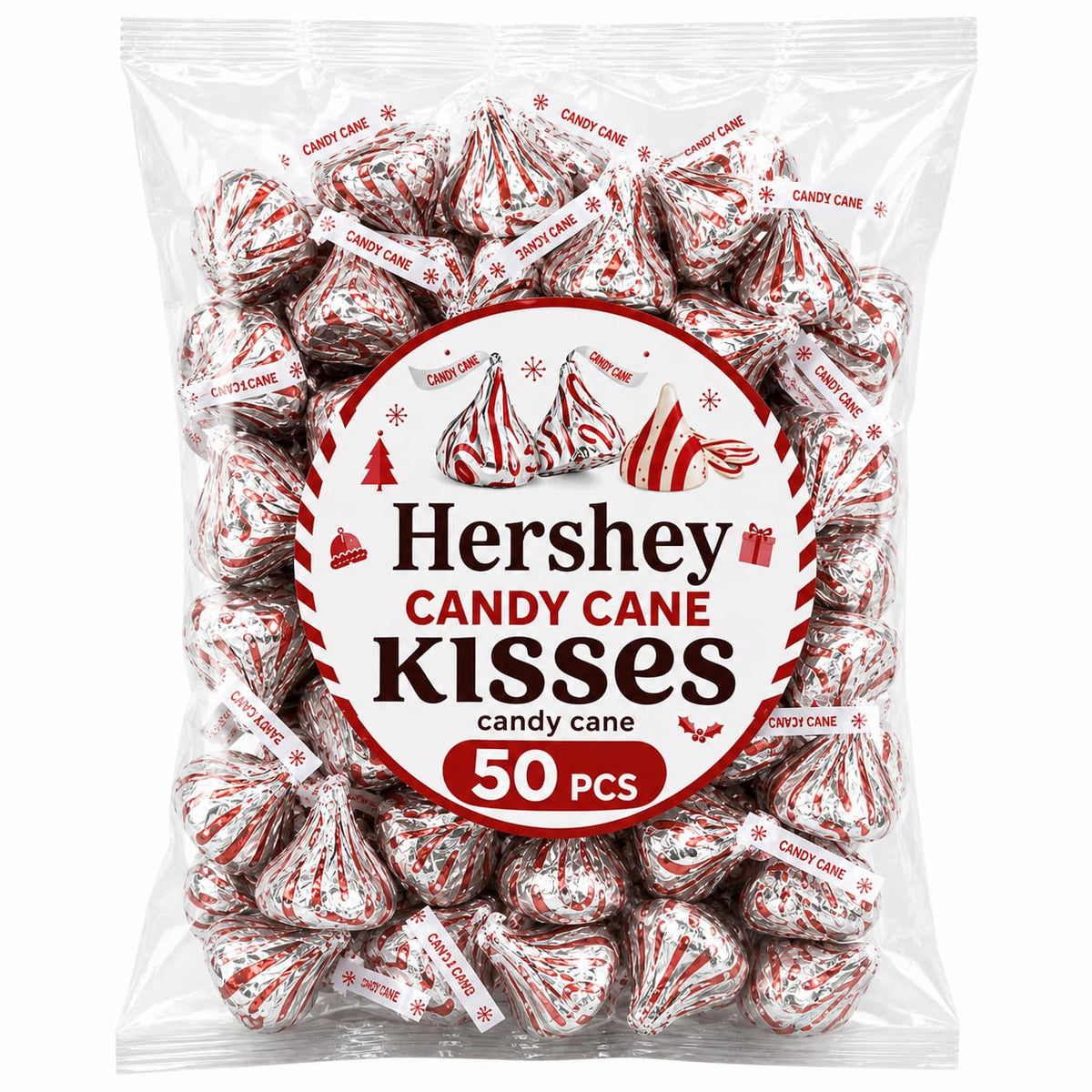 Hershey Kisses Candy Cane Flavored Kiss, Approx 50 Count Festive Red & White Peppermint Flavored Chocolates