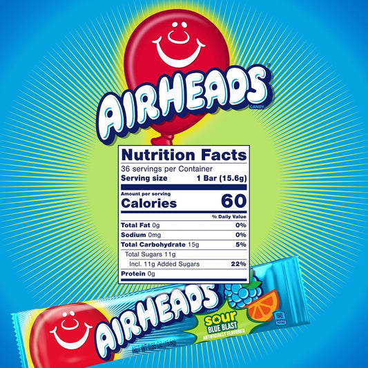 Airheads SOUR Candy Bars, Sour Blue Blast Flavored, Bulk, Pack of 36 Bars