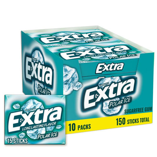 EXTRA Polar Ice Chewing Gum Packs, Sugar Free Gum in Bulk with Strong Mint Flavor for Freshening Breath, 15 Sticks (10 Pack)