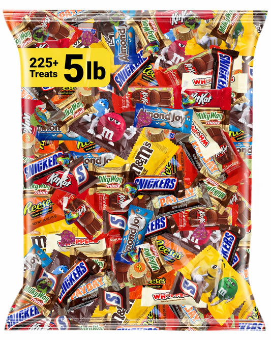 Chocolate Candy Variety Pack 5 Lb, 225 Ct, Fun Size Individually Wrapped | Assorted Milk & Dark Mini Bars for Goodie Bags, Office Snacks, Parties, Gifting, Holidays, Mixed Candy Bowl, Bulk Assortment
