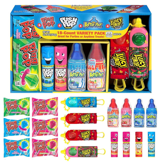 Candy Variety Pack, 18 Count Assorted Lollipops | Ring Pop, Push Pop, Baby Bottle Pop & Juicy Drop