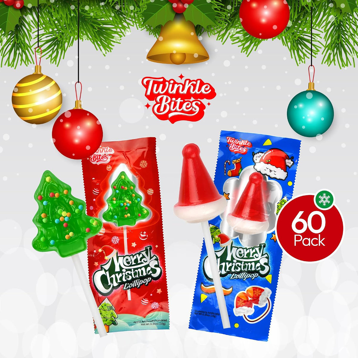 60 Pack Christmas Lollipops - Individually Wrapped Christmas Holiday Themed Hat and Tree Lollipops