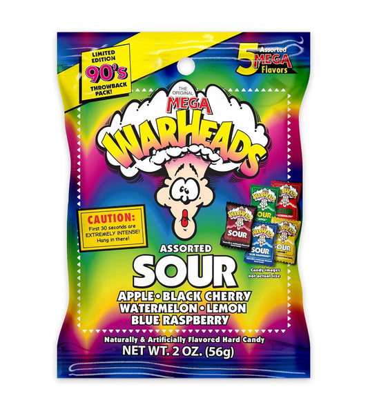 WARHEADS - Extreme Sour Hard Candy - Sour Apple, Black Cherry, Blue Raspberry, Lemon & Watermelon Flavors - 2 Oz. Bag