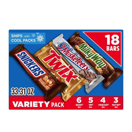 SNICKERS, TWIX, MILKY WAY & 3 MUSKETEERS Individually Wrapped Variety Pack Full Size, 18 Bars