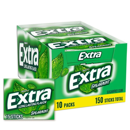 Extra Gum Spearmint Sugarfree Gum Bulk, Individually Wrapped, 15 Count, Pack of 10