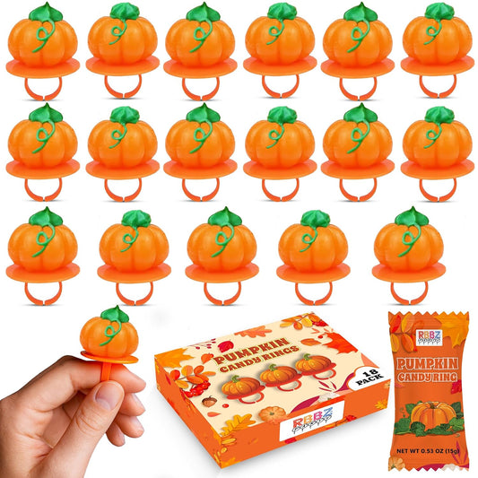 Pumpkin Candy 3D Ring Pops - 18 Individually Wrapped Suckers Bulk Pack - Thanksgiving Treats