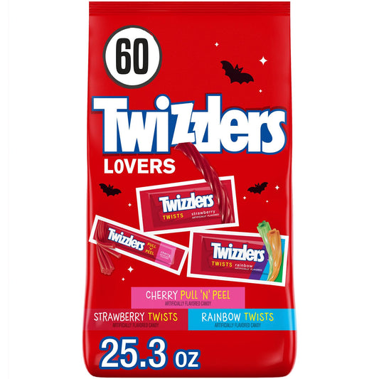 TWIZZLERS Assorted Fruit Flavored Chewy, Halloween Candy Variety Bag, 25.3 Oz (60 Pieces)