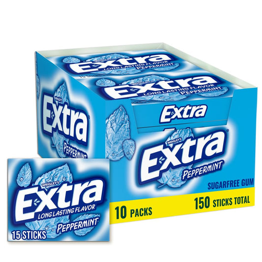 EXTRA Gum Peppermint Chewing Gum Bulk, Individually Wrapped, 15 Count (Pack of 10)