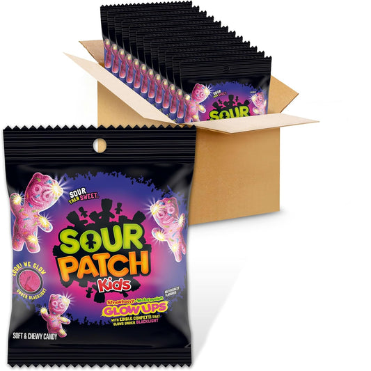 SOUR PATCH KIDS Glow Ups Strawberry-Watermelon Soft & Chewy Gummy Candy, Bulk Candy, 12-3.08 Oz Bags