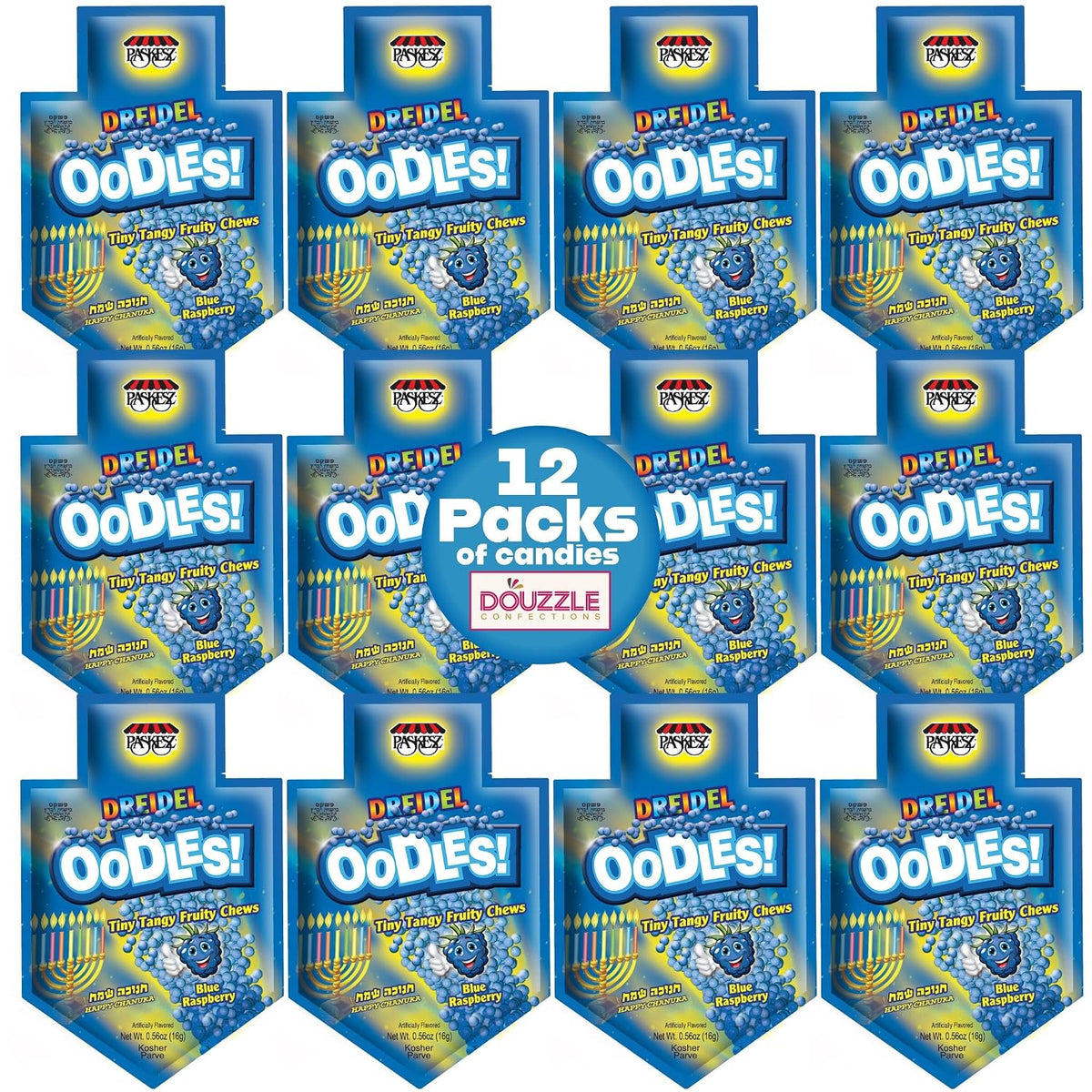Douzzle Kosher, Hanukkah Candy, Raspberry Dreidel Shaped Oodles (12 Count, 1 Pack)