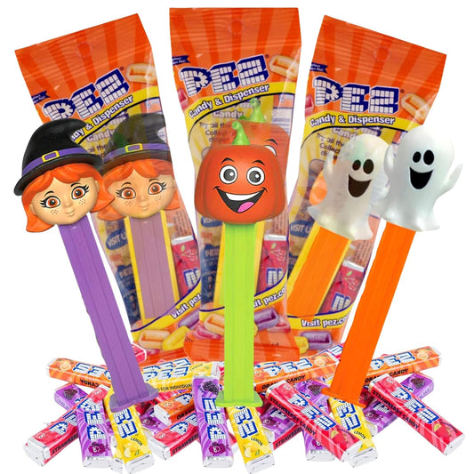 Halloween PEZ Dispenser Gift Set, Spooky Character Assortment with Grape and Orange Flavored Refill Rolls (Pack of 3)