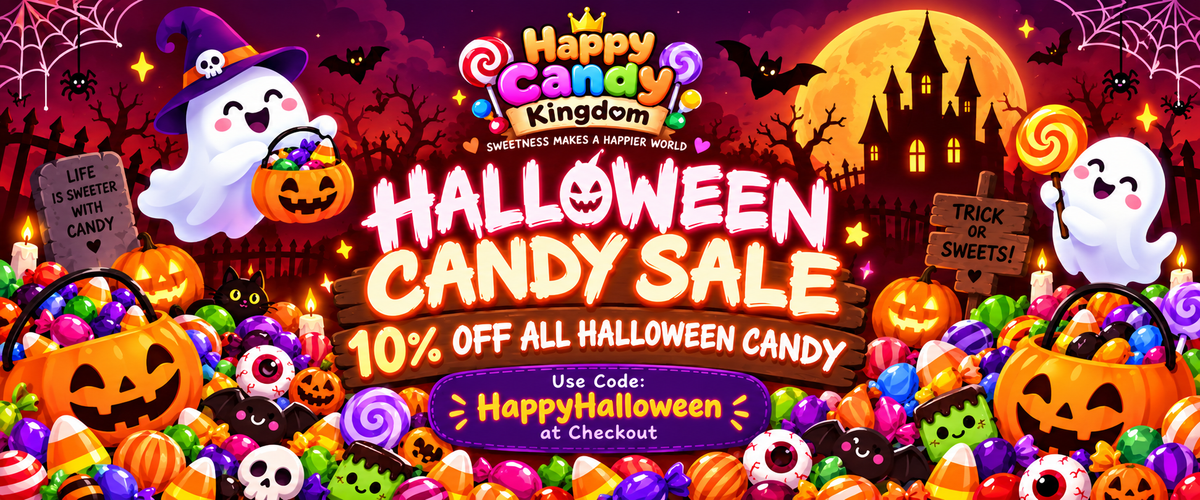 A festive Halloween promotional banner for Happy Candy Kingdom featuring large text reading 'Halloween Candy Sale' and '10% Off All Halloween Candy,' with a discount code. The scene is filled with illustrated ghosts, pumpkins, candy corn, lollipops, a haunted house, bats, and a full moon in purple, orange, pink, and black tones.