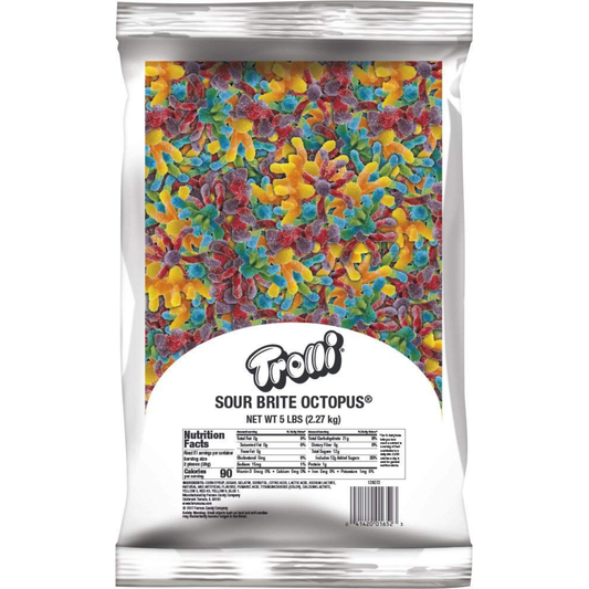 A 5 lb bag of Troll's Sour Brite Octopus gummy candy, featuring a colorful graphic of the candy pieces on the front and a white label with the Troll logo.