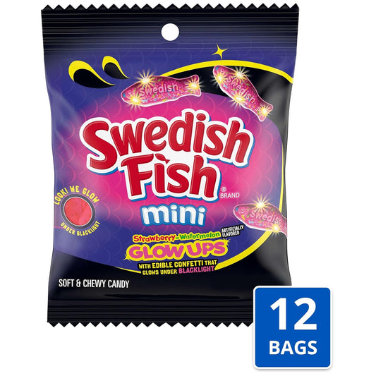 SWEDISH FISH Mini Glow Ups Strawberry-Watermelon Soft & Chewy Gummy Candy, 12-3.08 Oz Bags