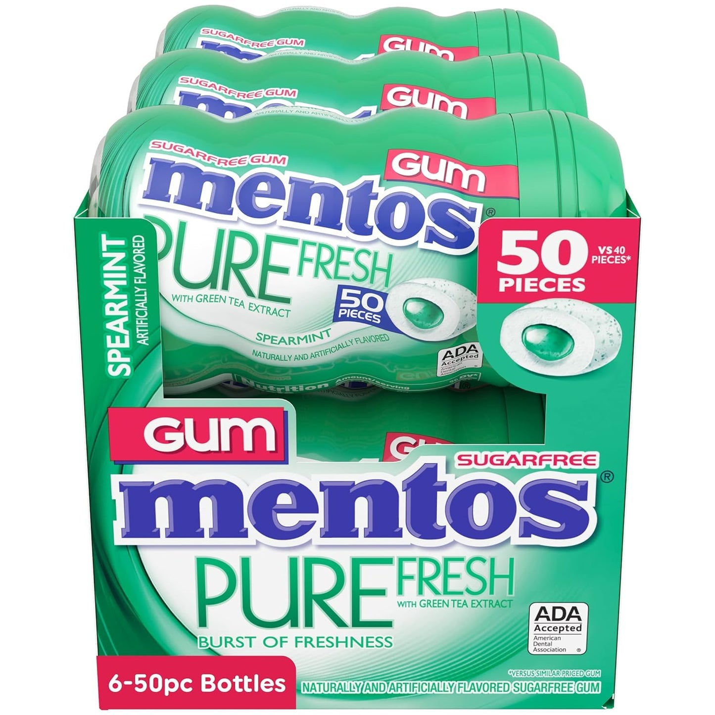 Mentos Pure Fresh Sugar Free Gum, Spearmint, 50 Piece Bottle (6 Pack)
