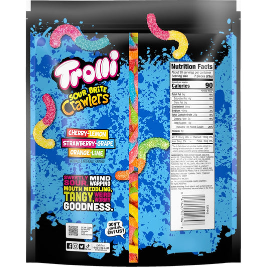 Trolli Sour Brite Crawlers, Candy, Cherry-Lemon, Strawberry-Grape & Orange-Lime, Sweet and Sour, Gummy Worms, Halloween Treat, 28.8 Oz