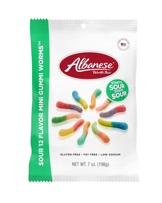 Albanese World'S Best Sour 12 Flavor Mini Gummi Worms | 7 oz Bag of Candy, Pack of 12