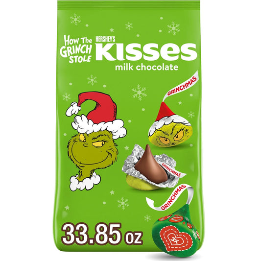 HERSHEY'S KISSES Grinch Milk Chocolate Christmas Candy Bulk Bag, 33.85 Oz