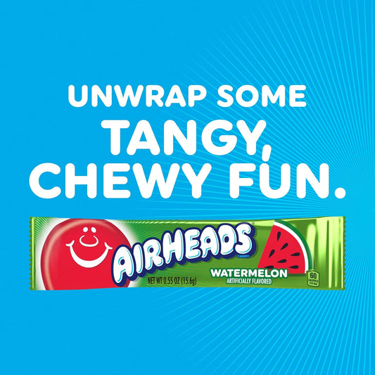 Airheads Full-Size Candy Bars, Taffy Candy Pack, Individually Wrapped Bulk Candy, Watermelon Flavor, 36 Count Box