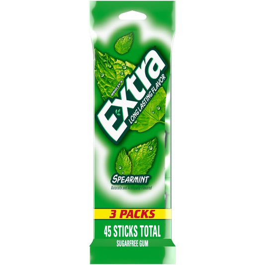 EXTRA Spearmint Sugar Free Chewing Gum, 3 Pack Bulk Gum (45 Sticks Total)