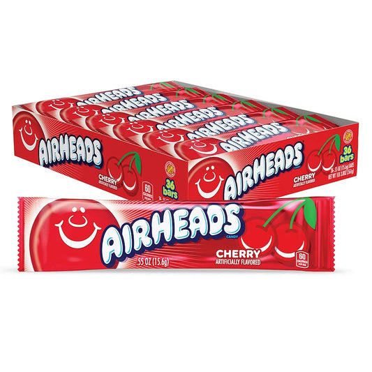 Airheads Full-Size Candy Bars, Taffy Candy Pack, Individually Wrapped Bulk Candy, Cherry Flavor, 36 Count Box