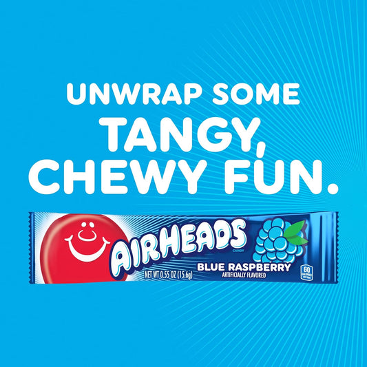 Airheads Full-Size Candy Bars, Taffy Candy Pack, Individually Wrapped Bulk Candy, Blue Raspberry Flavor, 36 Count Box