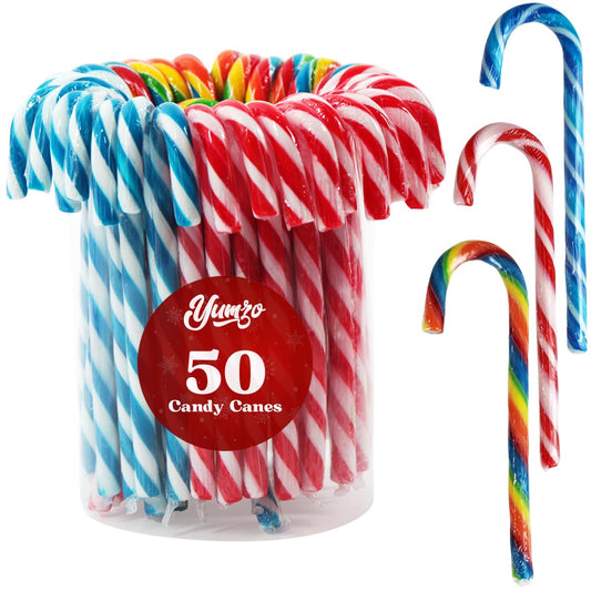 Christmas Candy Canes Tutti Frutti, Blue/White Peppermint, Red and White Cherry Mix Flavors - Bulk Candy Canes Individually Wrapped for Family Holiday Indulgement, Candy Cane Gift Set (50 Count)