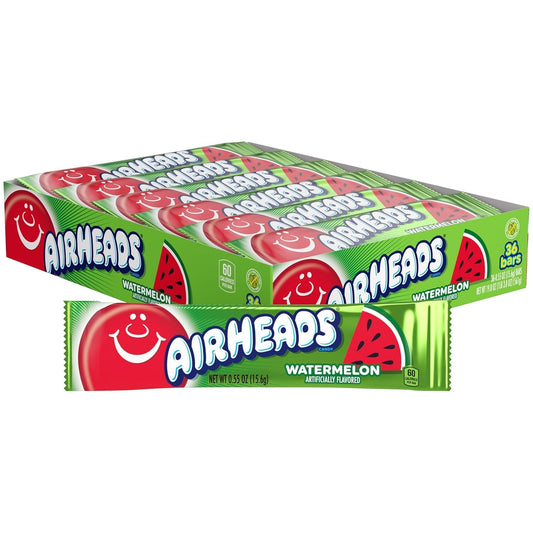 Airheads Full-Size Candy Bars, Taffy Candy Pack, Individually Wrapped Bulk Candy, Watermelon Flavor, 36 Count Box