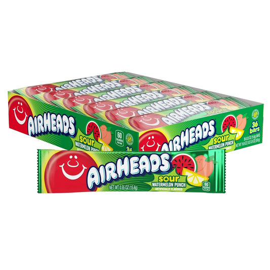 Airheads SOUR Candy Bars, Sour Watermelon Punch Flavored, Bulk, Pack of 36 Bars.