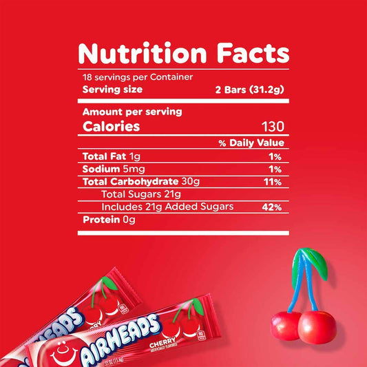 Airheads Full-Size Candy Bars, Taffy Candy Pack, Individually Wrapped Bulk Candy, Cherry Flavor, 36 Count Box