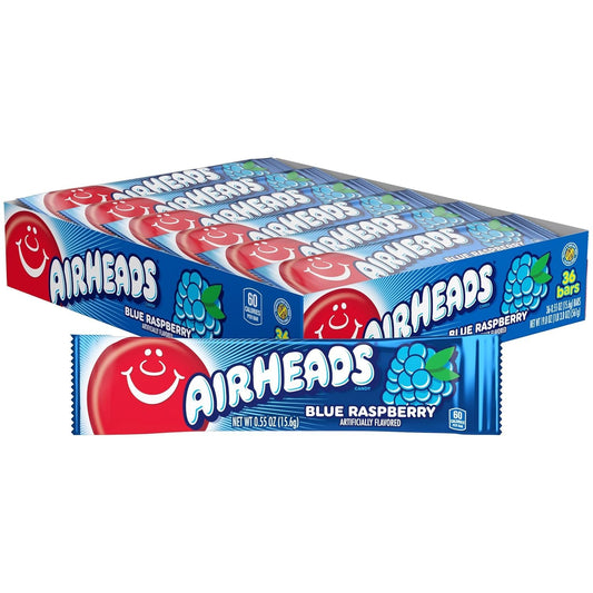 Airheads Full-Size Candy Bars, Taffy Candy Pack, Individually Wrapped Bulk Candy, Blue Raspberry Flavor, 36 Count Box