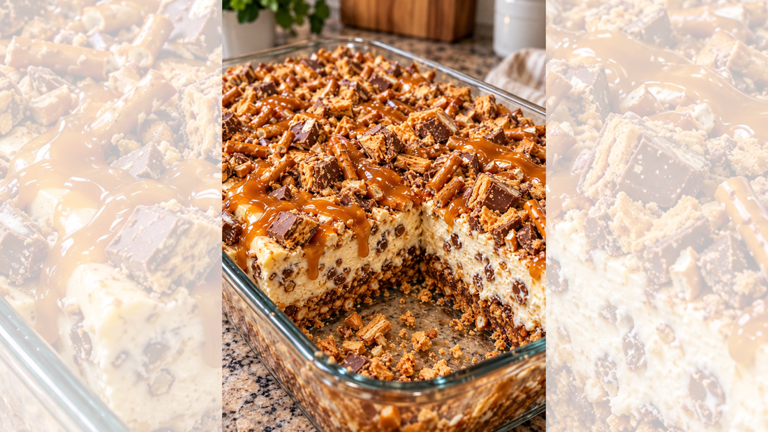 Butterfinger Caramel Pretzel Cheesecake Bars Recipe