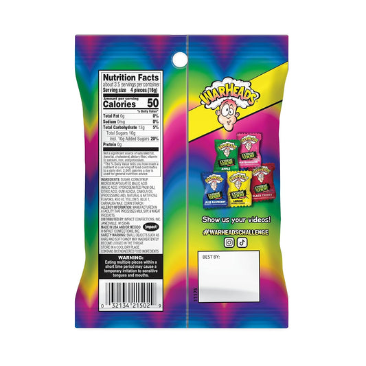 WARHEADS - Extreme Sour Hard Candy - Sour Apple, Black Cherry, Blue Raspberry, Lemon & Watermelon Flavors - 2 Oz. Bag