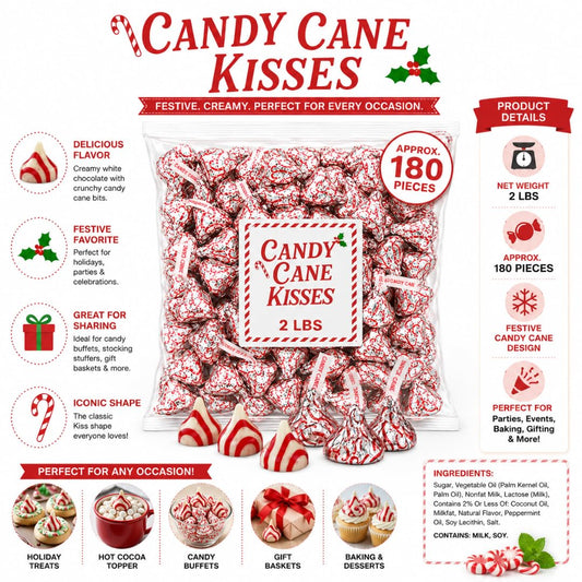 Candy Cane Kisses Peppermint Candy 2 LB Bag, Approx. 180 Individually Wrapped Pieces