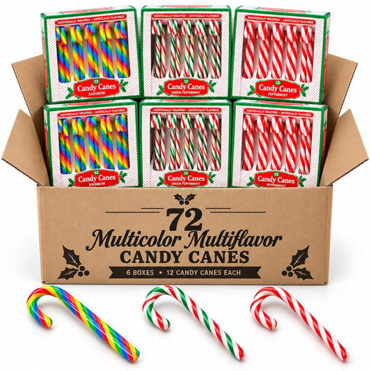 Multicolor Candy Cane Flavor, Red Peppermint, Yellow Rainbow Cherry & Green & White Individually Wrapped - Full Size (6 Pack (12Ct Each) 72 Total Candy Canes)