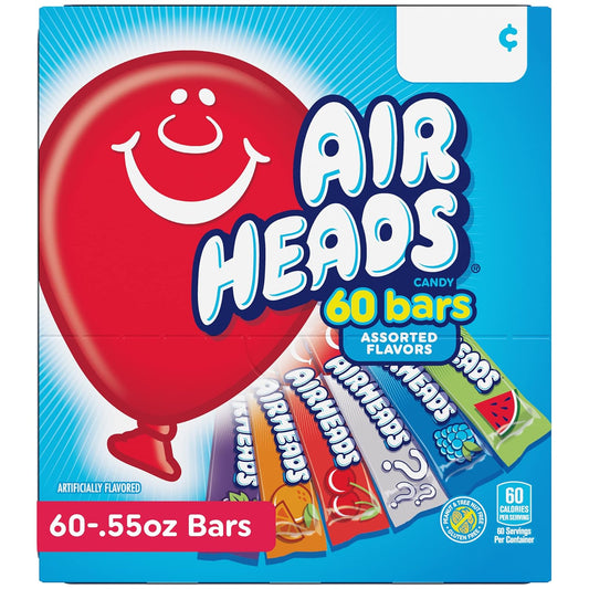 Airheads Full-Size Candy Bars, Taffy Candy Bulk Variety Pack, Individually Wrapped, 60 Count Box