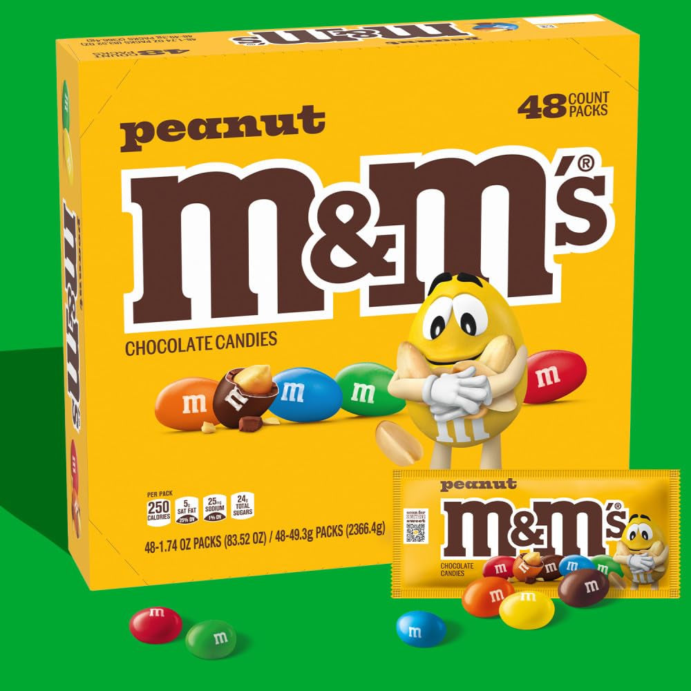 M&M'S Peanut Chocolate Candy, Full Size Candy 1.74 Oz Bag, Bulk Pack of 48