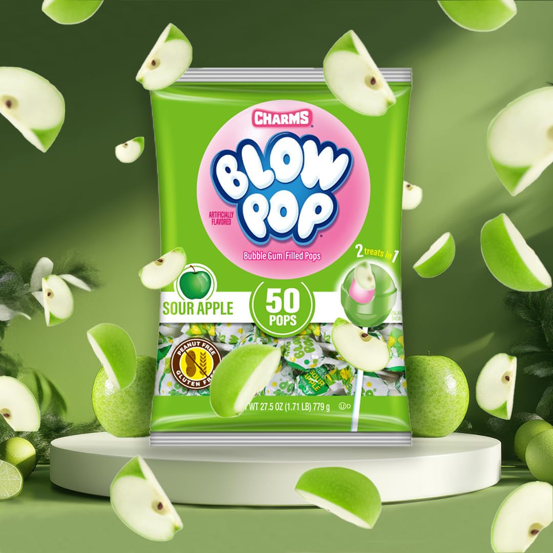 Charms Blow Pop Single Flavor Bag, Sour Apple, 50 Count (Pack of 1)