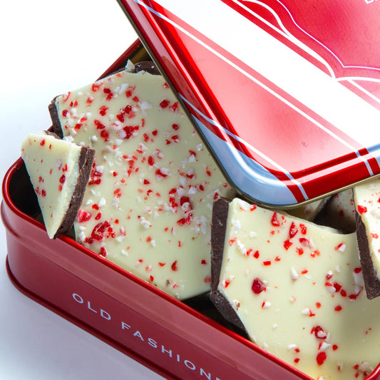 A Gift inside CY Chocolates Peppermint Bark Gift Tin - Handmade Chocolate Peppermint Bark with Dark & White Chocolate, Christmas Peppermint Candy, Gourmet Chocolate Peppermint Gift for Holidays