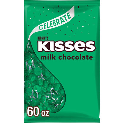 HERSHEY'S KISSES Milk Chocolate Candy Bulk Bag, Green Foils, 60 Oz