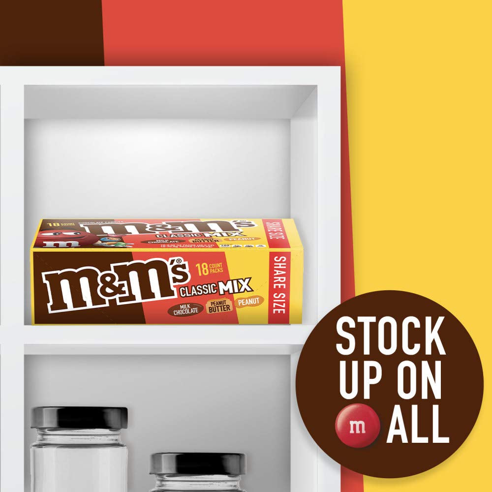M&M'S Milk Chocolate Candy Variety Pack, Bulk Candy Individually Wrapped 18, Full Size 2.5 Oz Bags