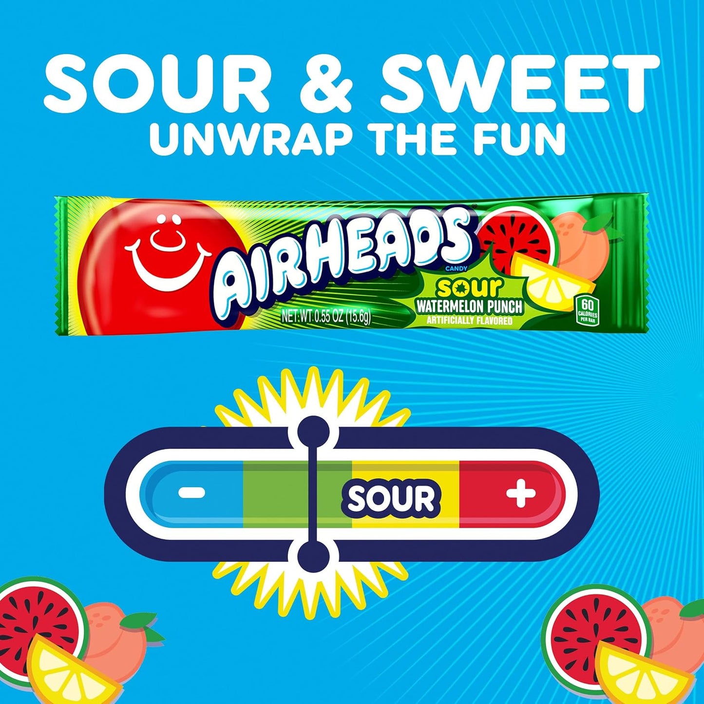 Airheads SOUR Candy Bars, Sour Watermelon Punch Flavored, Bulk, Pack of 36 Bars.