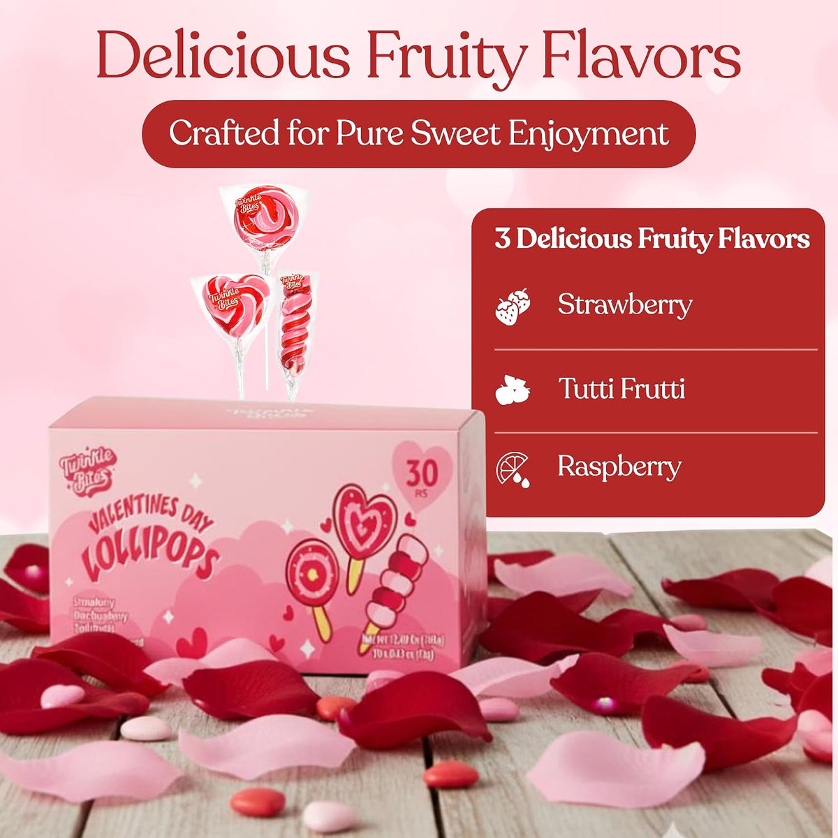 30 Pack Valentines Day Lollipops – Individually Wrapped Heart, Swirl, Twist Suckers – Strawberry, Raspberry, Tutti Frutti Delicious Flavors