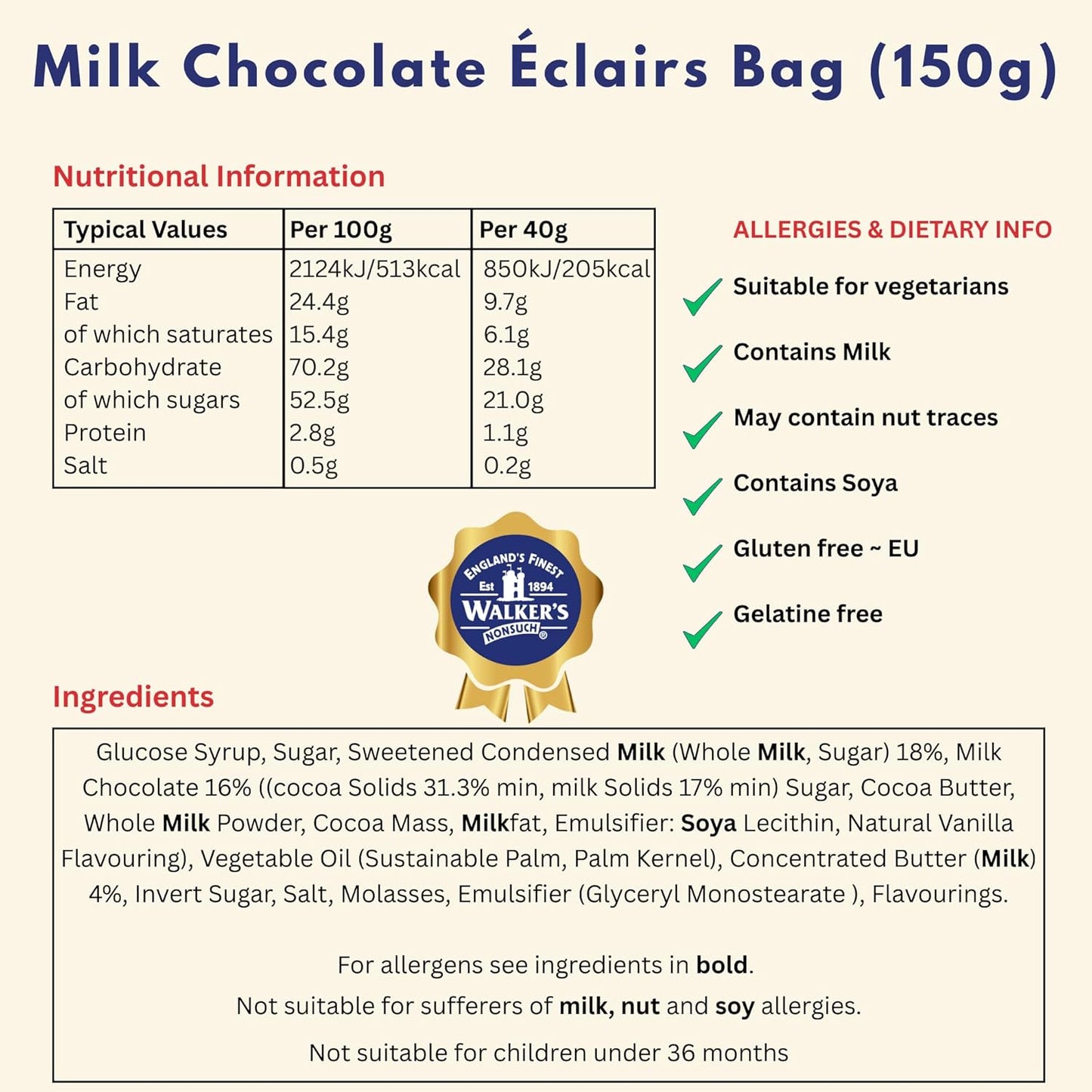 Walkers Nonsuch Milk Chocolate Eclairs 5.29 Oz (150G) - Traditional British Chewy Butter Toffee Candy