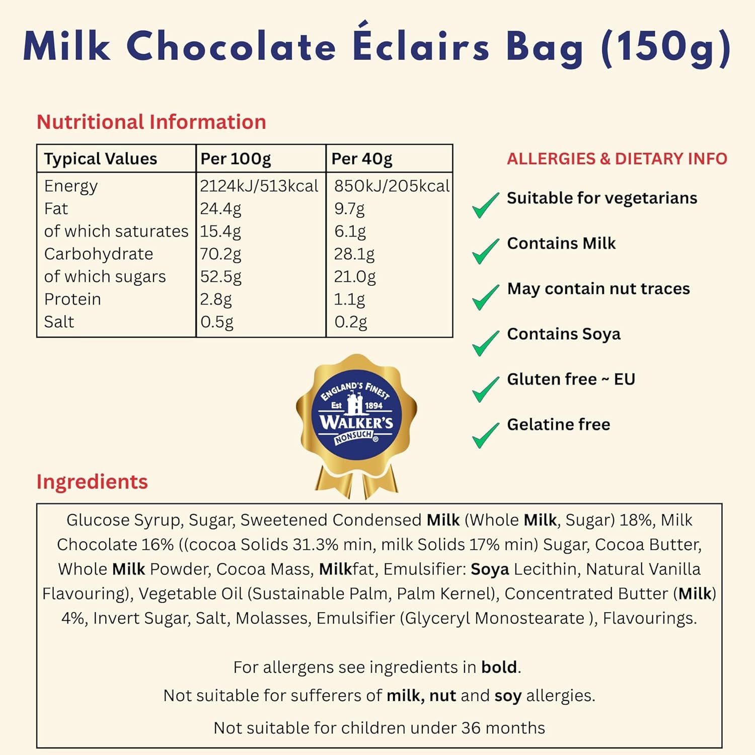 Walkers Nonsuch Milk Chocolate Eclairs 5.29 Oz (150G) - Traditional British Chewy Butter Toffee Candy