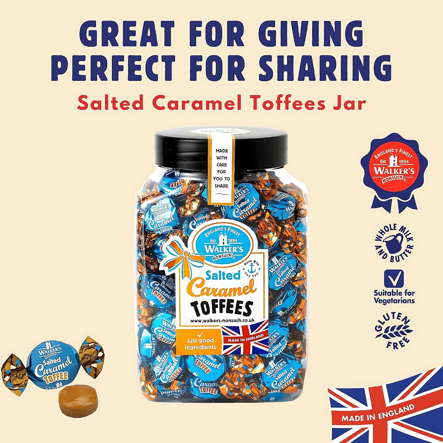 Walkers Nonsuch Salted Caramel Toffees Jar 1.25Kg (44.09 Oz) – Sweet and Salty Caramel Toffee Individually Wrapped