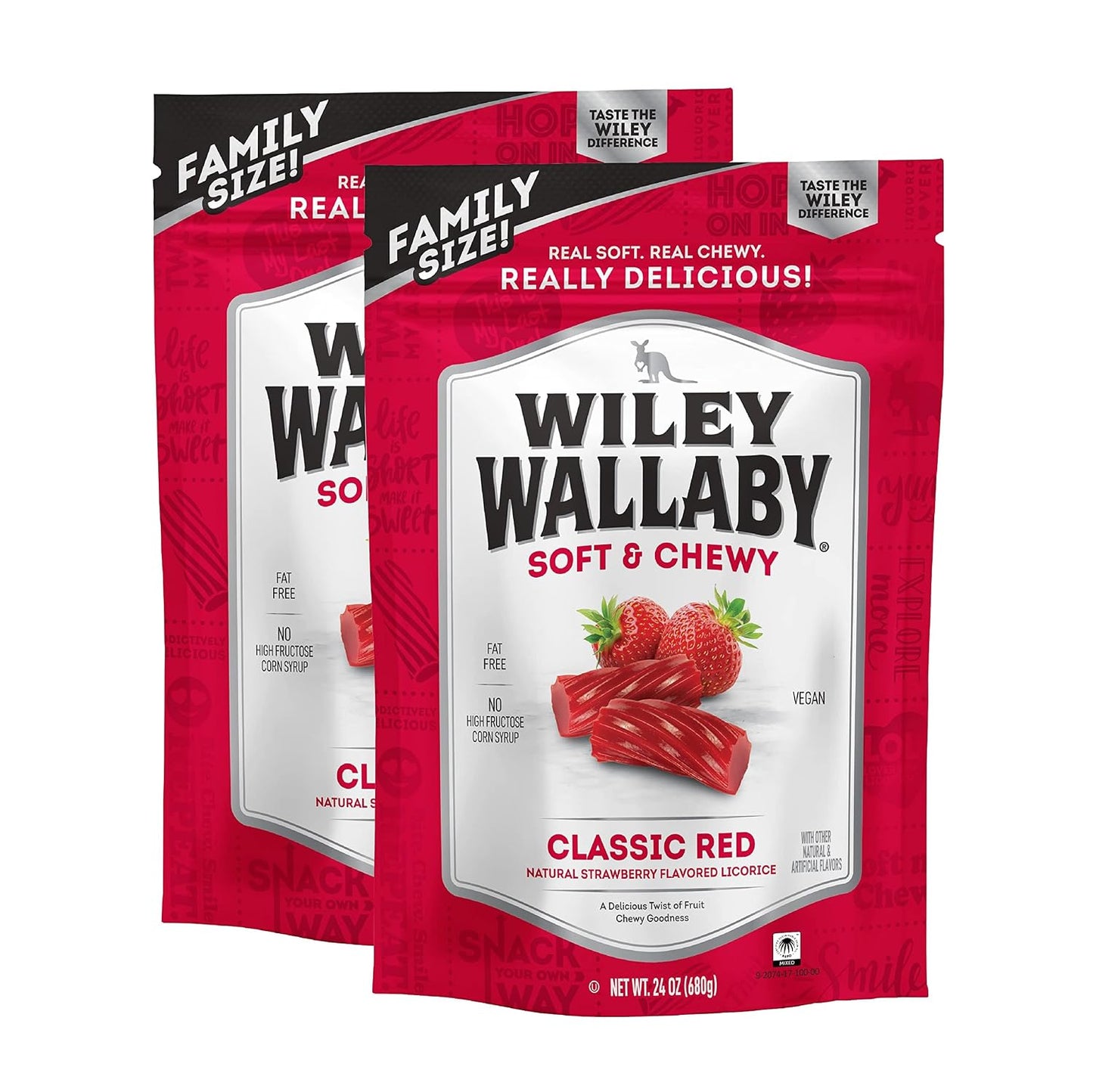 Wiley Wallaby Classic Red Strawberry Licorice Candy, Soft & Chewy, 24Oz, 2Pk